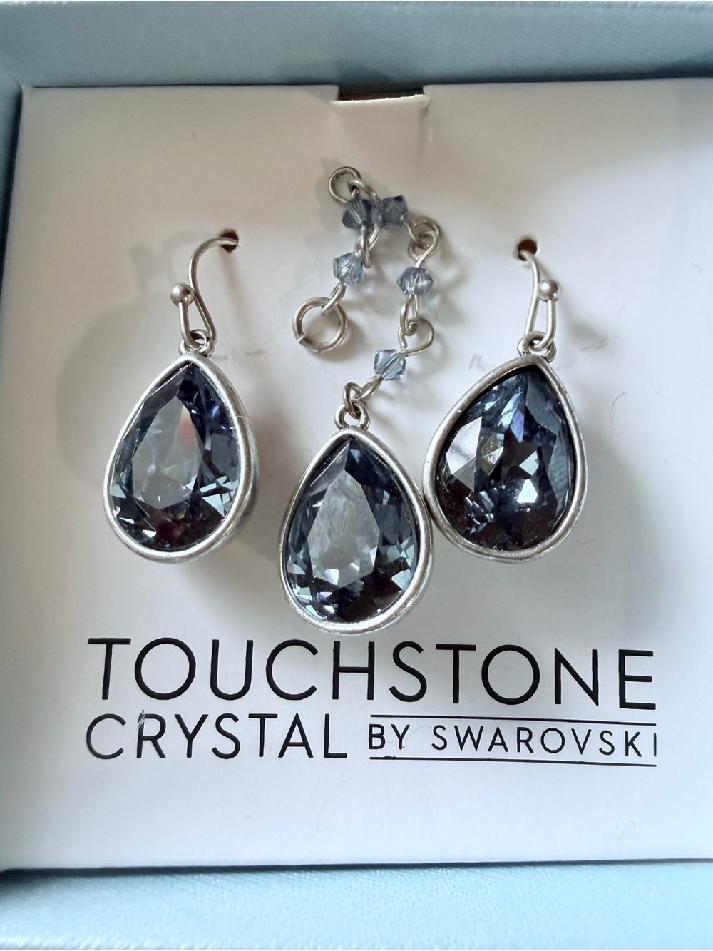 Touchstone Crystal by Sworovski Blue Teardrop Earrings & Pendant NWOT
